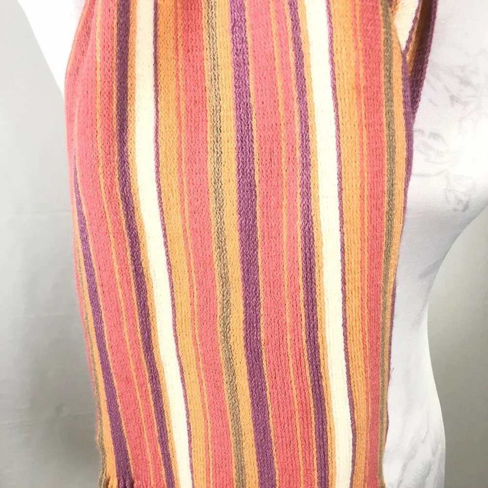 🌈 Vintage-Inspired Striped Fringe Scarf – Warm Autumn Tones – Oversized Wrap